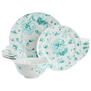 Martha Stewart Chinoserie 12 Piece Round Porcelain Dinneware Set in Teal - 1 of 4