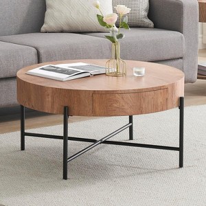 Round Coffee Table with Two Drawers, Circle Center Table, Farmhouse Coffee Table for Living Room, Wood Look Cocktail Table with Metal Frame - 1 of 4