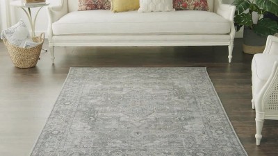 Ivory Grey Floral Cotton Chenille Washable Rug 5' x 7'