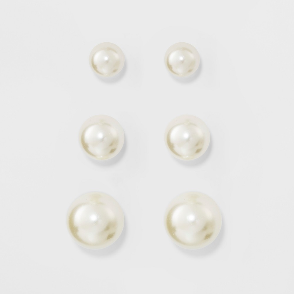 Photos - Earrings Faux Pearl Stud Earring Set 3ct - A New Day™ Silver