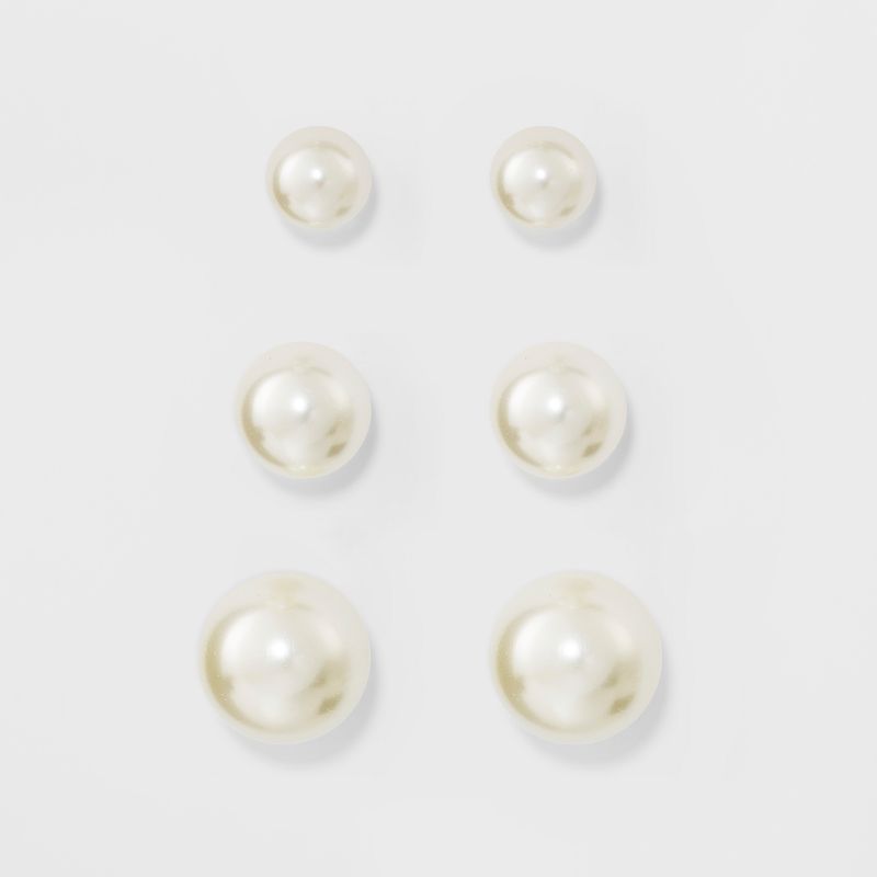 Faux Pearl Stud Earring Set 3ct - A New Day&#8482; Silver, 1 of 5