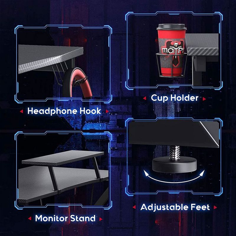 MOTPK Carbon Fiber Computer Gaming Desk with Raised Monitor Shelf, Built In Cup Holder, Headphone Hook, and Sturdy Y-Shaped Metal Frame, 5 of 7