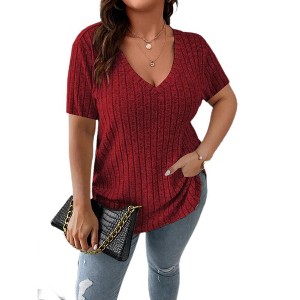 Women's Plus Size V Neck Tops  Casual Color Shirts Lightweight Short Sleeve Blouses - 1 of 3