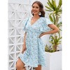 Women's Ruffle Babydoll Dress Short Sleeve V Neck High Waist Botton Casual Loose Flowy Swing Pleated Tunic Dress - 3 of 4