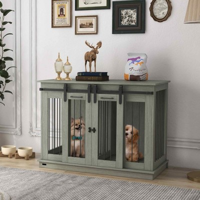 Large Gray Wood and Metal Dog Crate Table with Divider