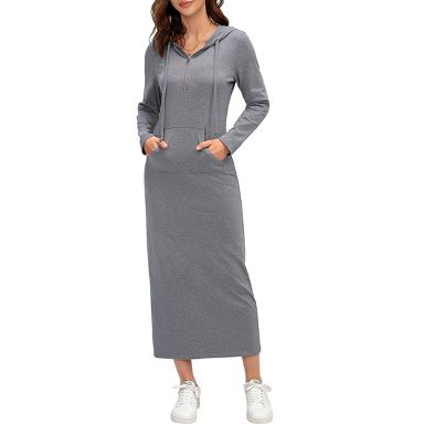 Clearlove Women's Hooded Maxi Dress Half Zipper Long Sleeve Front Pocket Sweatshirt Dresses with Side Slits,Grey,XL