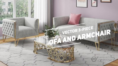 Ocean Blue Velvet Sofa and Armchair Set with Gold Legs