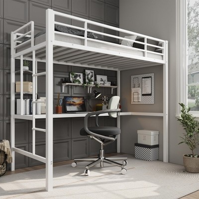 Coucheta Twin Loft Bed with Desk & Storage, Heavy Duty Metal Frame, Safety Guardrail & Ladder, Steel Slats, Space Saving for Kids & Adults