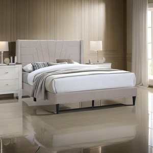 Royal Hampton Queen Size Bed with Tufted Headboard, Brown Burlap Upholstery, Wood - 1 of 4