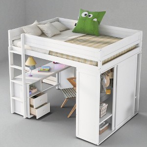 Full Size Loft Bed with Wardrobe, 2-Drawer Desk, Open Storage Cabinet, Pine Wood & MDF Frame - 1 of 4
