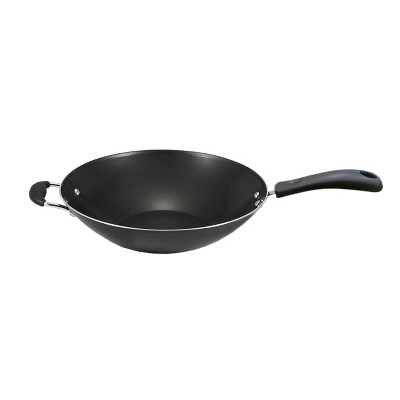 Oster Sangerfield 14 in. Stainless Steel Flat Bottom Wok in Silver with Wooden Handles