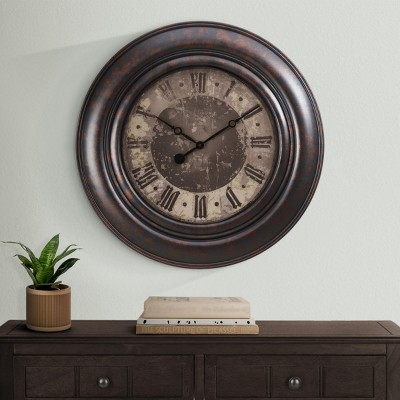 FURNIinspire Wall Clocks 30inch Modern Round Wall Clock Decorative Living Room Vintage Wall Decor for Bedroom, Metal Frame, Brown, 30"*30"*2"