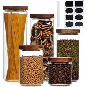 5-Piece Glass Canisters with Wooden Lids for Tea, Sugar, Coffee, Candy & Spices - 1 of 4
