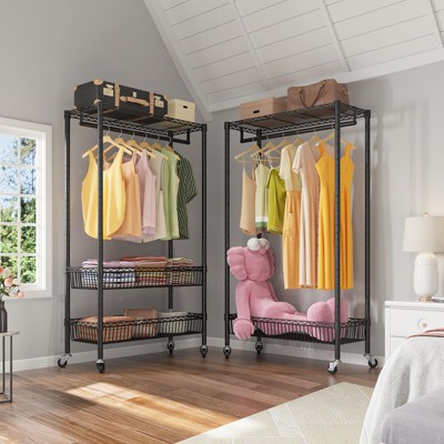 Black Powder-Coated Metal Rolling Garment Rack with Wire Shelves