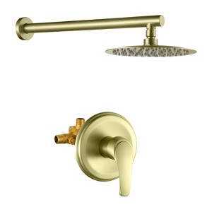 Cobbe 8-inch Round Rain Shower Kit Brushed Gold Single Handle Shower Faucet with 15.74-inch Shower Arm Valve Included - 1 of 4