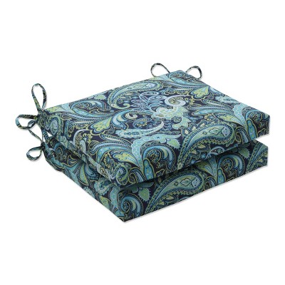 2pk Outdoor Square Edge Seat Cushion Set - Navy/Turqouise/Paisley - Pillow Perfect