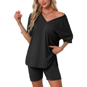 INSPIRE CHIC Women's Oversized V Neck Workout Tracksuit T-Shirts Tops with Biker Shorts Pajamas Lounge Set 2 Pcs - 1 of 4