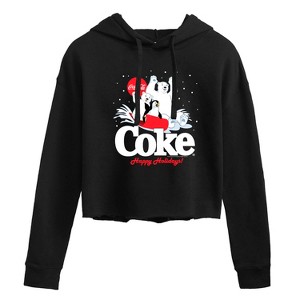 Women's - Coca-Cola - Happy Holidays Sledding- Juniors Cropped Long Sleeve Fleece Hoodie Cropped Graphic Hoodie - 1 of 2