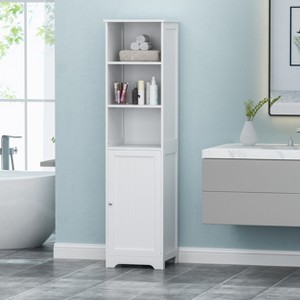 TiramisuBest Bathroom Storage Cabinet with 2 Doors & 3 Open Shelves, Compact Linen Tower Organizer, White Faux Wood, 63" Tall - 1 of 4