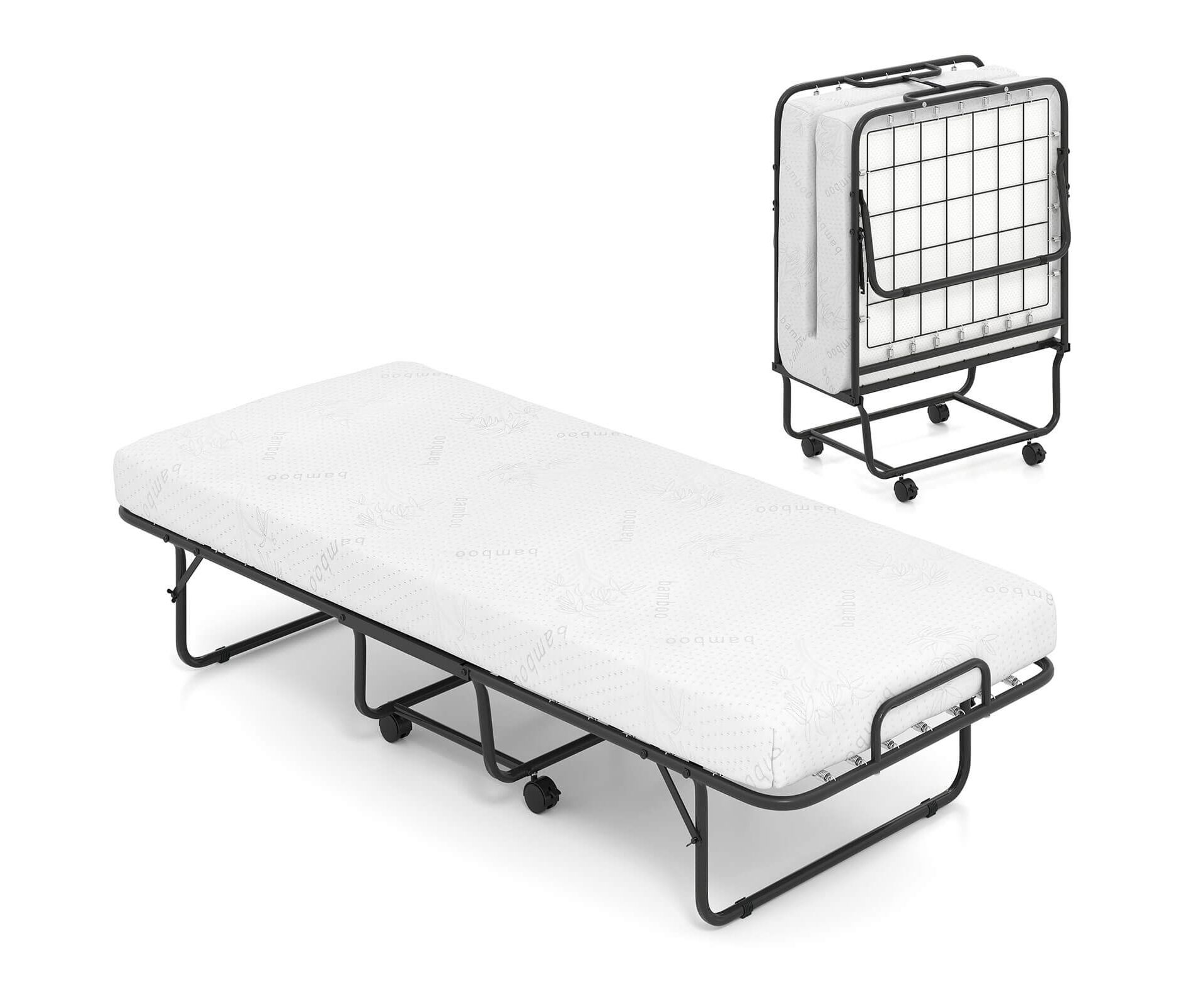 Costway Folding Bed with Mattress 74" x 31" Cot Size Rolling Guest Bed Space Saving