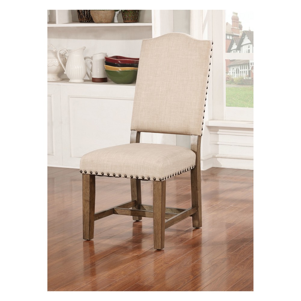 HOMES: Inside + Out Set of 2 Jellison Transitional Fabric Dining Chair Light Oak: Upholstered, Nailhead Trim, Wood Legs
