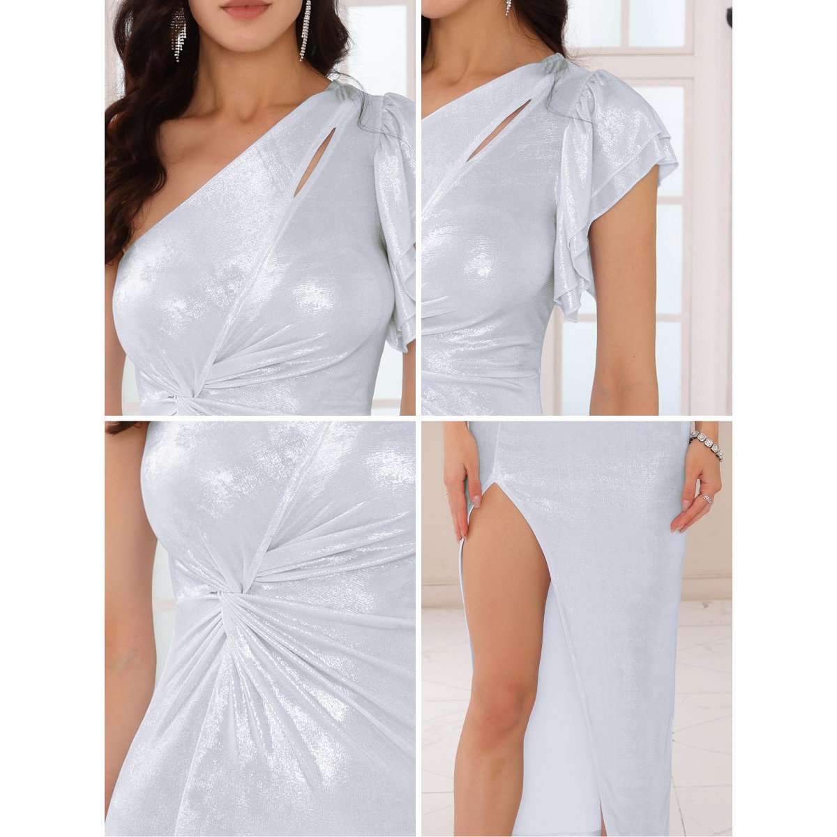 Женские платья INSPIRE CHIC Women's One Shoulder Knot Metallic Slit Hem Cocktail Maxi Dress White Medium — фото 5