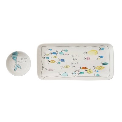 Whimsical Fish and Mermaid Ceramic Chip and Dip Set