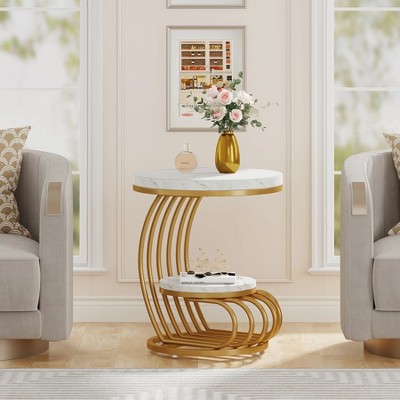 Gold and White Faux Marble Round End Table with Storage Shelf