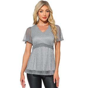 INSPIRE CHIC Women's Sparkly Short Sleeves V Neck Peplum Glitter Party Club Top - 1 of 4