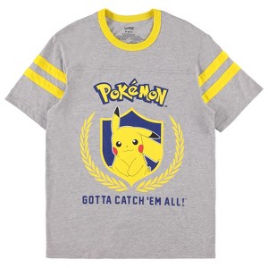 Ladies Pokemon Pikachu Game Shirt - Gotta Catch Em All - Ash Pikachu Charizard Pokeball Varsity Stripe Sleeve Athletic Tee - 1 of 4