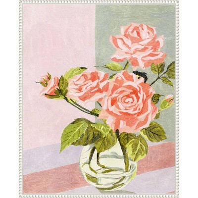 Douces Roses I Pink and Green Canvas Wall Art with White Frame