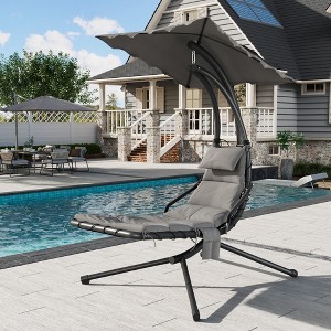 Chaise Lounger Swing Chair with Umbrella Canopy, Patio Hanging Chaise Lounger Chair with Stand, Curved Steel Outdoor Lounge Chairs for Indoor, Outdoor - 1 of 4