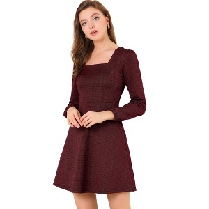 Allegra K Women's Fall Vintage Square Neck Long Sleeve Plaid Dress - 1 of 4