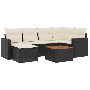 vidaXL 7 Piece Patio Sofa Set with Cushions Black Poly Rattan - Black and Cream - 1 of 4