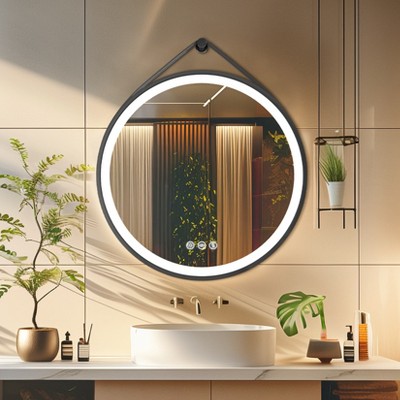 24/28/32in LED Black Frame Round Bathroom Mirror with Light Vanity Mirror Anti-Fog Dimmable,Wall Decor Mirror