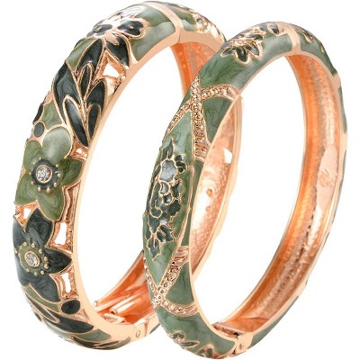 Vintage Cloisonne Enamel Rhinestone Rose Hinged Cuff Bracelet Bangle Set for Women