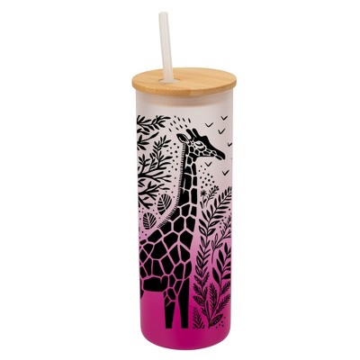 Elanze Designs Floral Safari Giraffe Pink Frosted Gradient Glass Tumbler with Bamboo Lid & Straw 25 ounce Reusable Iced Coffee or Water Cup, Whimsical