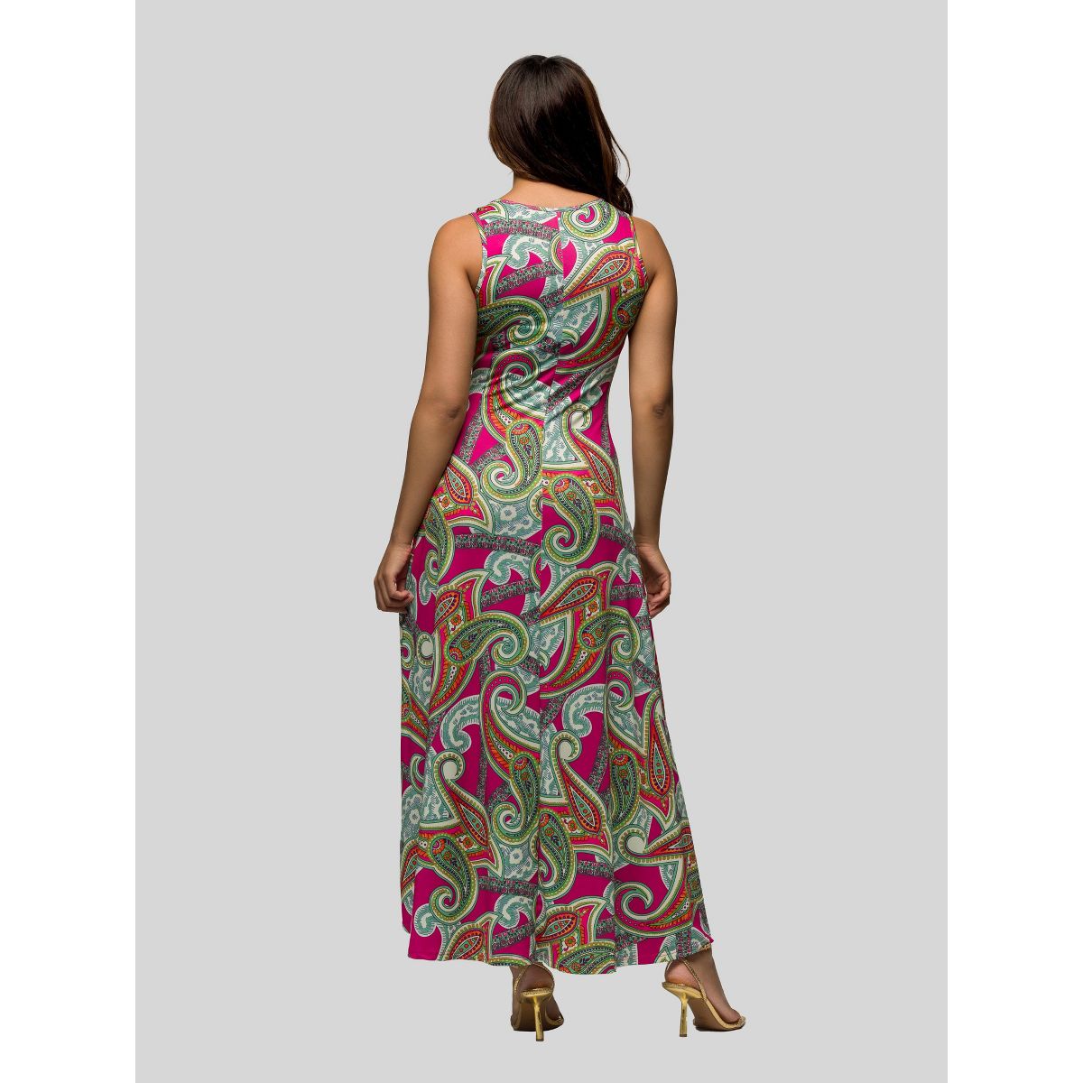 24seven Comfort Apparel Womens Hot Pink Paisley Print Scoop Neck A Line Sleeveless Maxi Dress - thumbnail 3