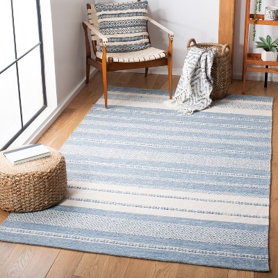 Ivory and Blue Striped Kilim Wool Area Rug