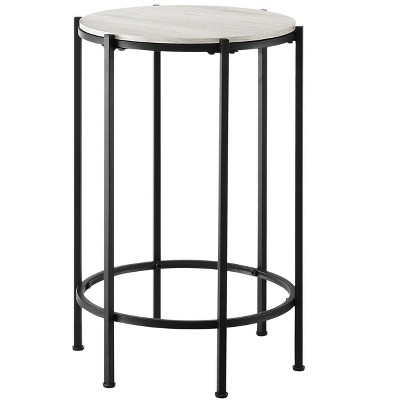 Vynxaria Round Accent Side Table - Small End/Nightstand, Washed Oak Laminate & Black Metal, Contemporary (Living Room/Bedroom)