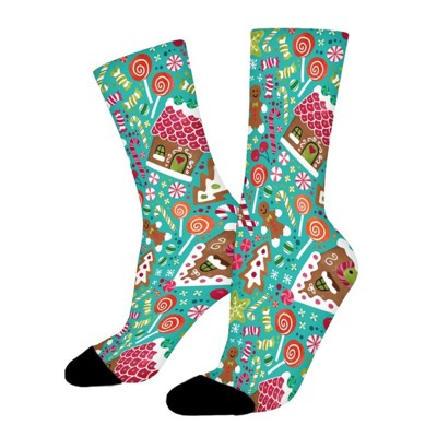Gingerbread Houses Green Women Printed Crew Socks Funny Funky Socks Soft Polyester Novelty Gifts for Artists Men
