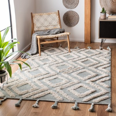 Aqua and Ivory Geometric Wool Hand-Knotted 4' x 6' Rug