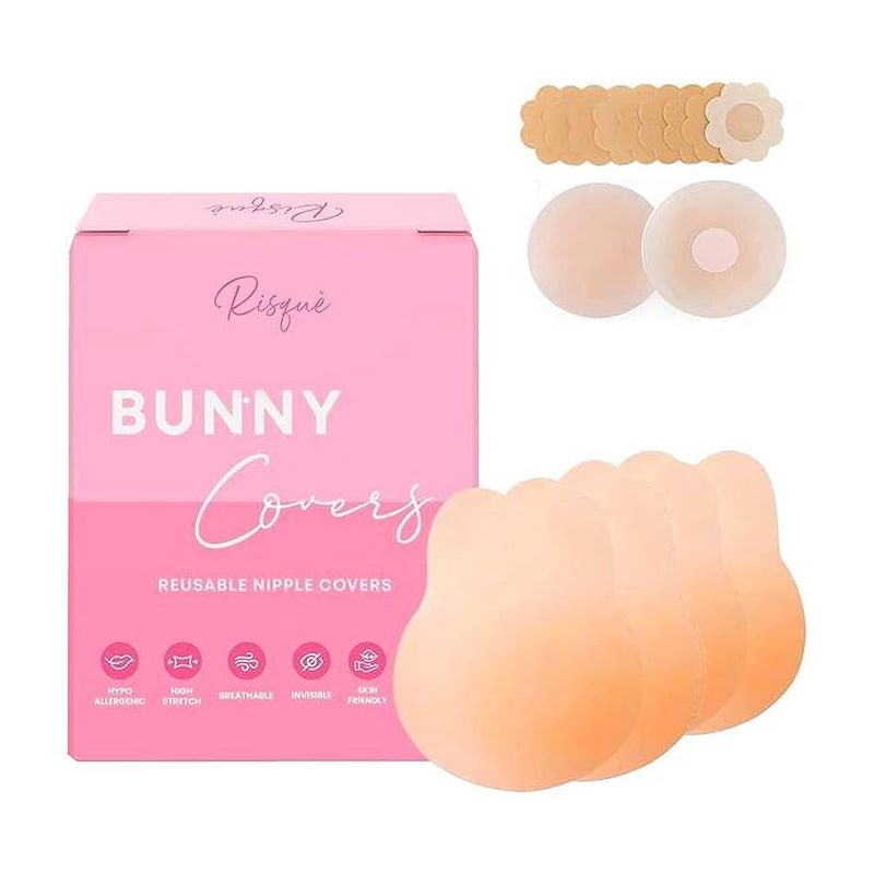 Risque Bunny Covers Reusable Nipple Covers, Push up Adhesive Bra, Backless Invisible Sticky Bra, Provides Breast Lift Nipple Coverage, Cream, 1 of 2
