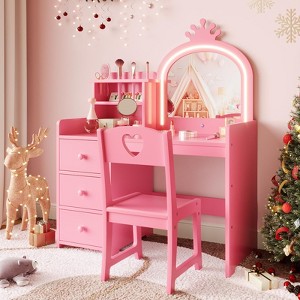 Kids Vanity Desk with Mirror and Lights, White Princess Wooden Makeup Vanity with Chair - 1 of 4