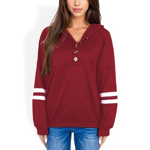 Anna-Kaci Women's Button-Front Hoodie with Stripe Sleeve Detail and Relaxed Fit - 1 of 3