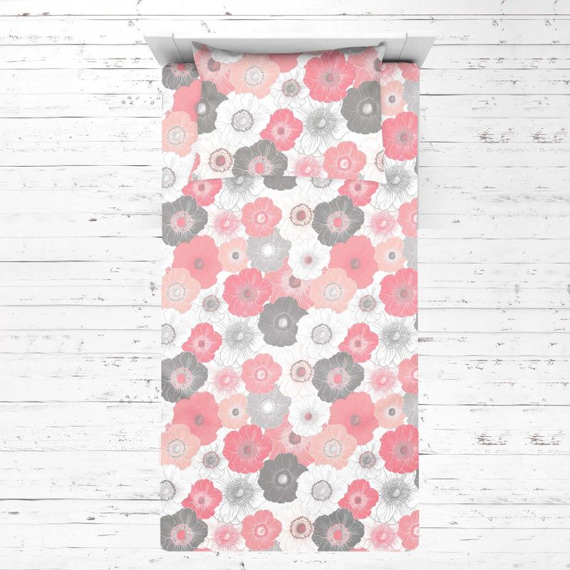 Bacati - Watercolor Floral Coral Gray 3 pc Toddler Bed Sheet Set, 4 of 7