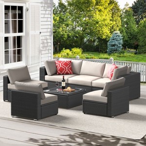 ELJGET 7PCS Patio Rattan Furniture Set Sectional Sofa Cushioned Garden Peacock Blue - 1 of 4