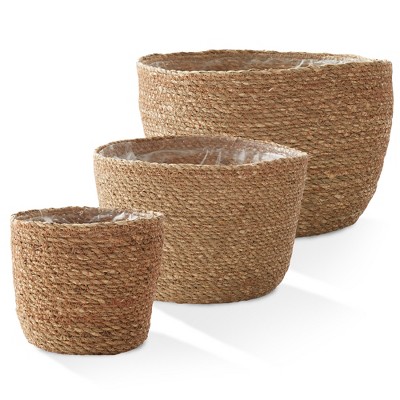 Natural Handwoven Seagrass Round Planter Baskets with Liners