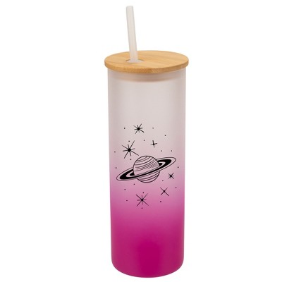Elanze Designs Saturn Planet Rings Galactic Stars Wrap-Around Design 25 Ounce Frosted Gradient Glass On-The-Go Coffee Travel Skinny Tumbler Mug Cup,