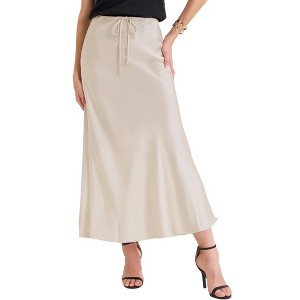 INSPIRE CHIC Women's Satin High Waist Drawstring Cocktail Wedding Maxi Skirt - 1 of 4